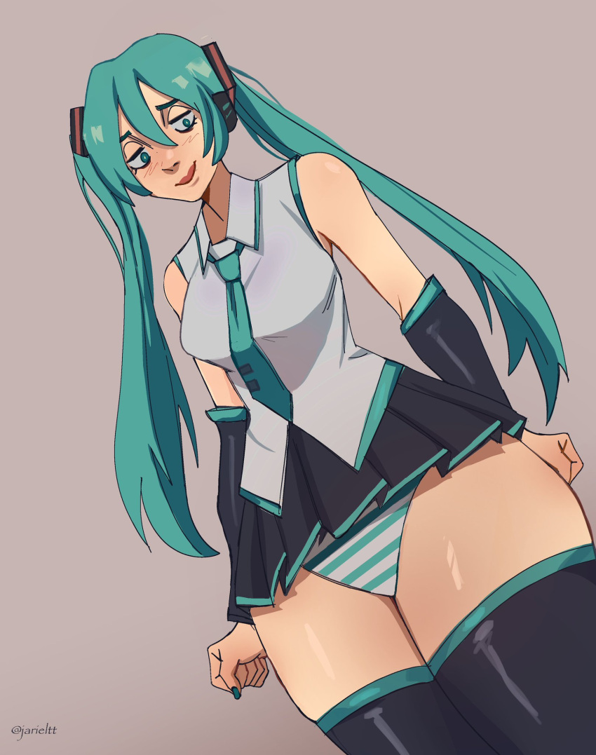 blue_eyes blush hair_tail hatsune_miku huge_hips jarieltt long_hair looking_down medium_breasts visible_underwear