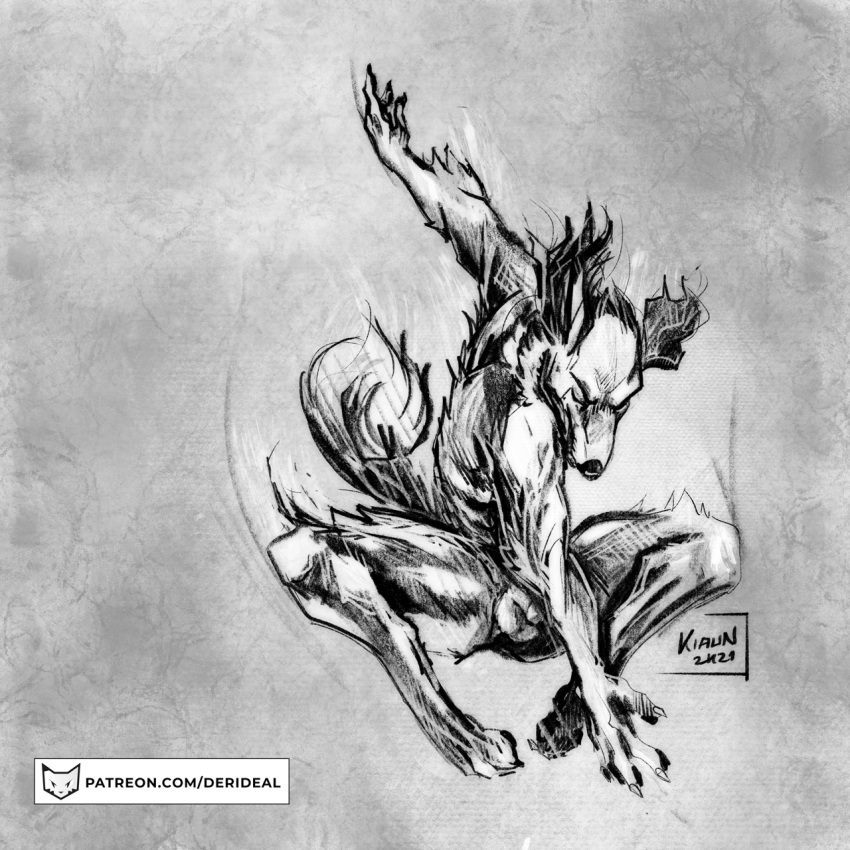 1:1 2021 animal_humanoid animal_tail balls better_version_at_source black_and_white black_and_white_body black_and_white_fur black_and_white_hair black_nose cervid claws claws_out colored digital_drawing_(artwork) digital_media_(artwork) feet fur genitals grey_background hi_res humanoid icon jumping kiaun leaping male mammal mammal_humanoid monochrome nude penis shaded signature simple_background small_nose solo symbol tail_fluff tail_tuft teeth text tuft url white_eyes