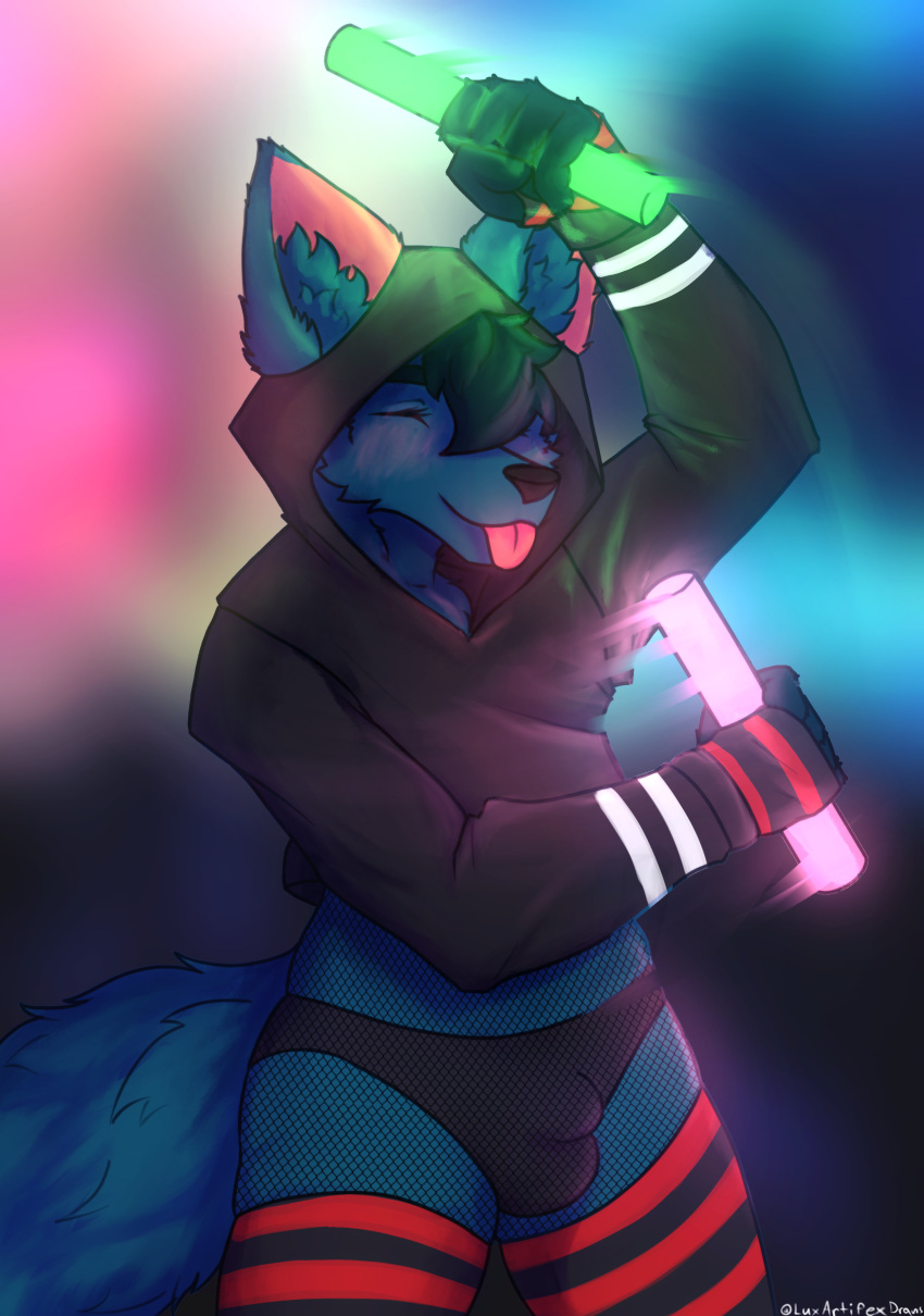 absurd_res acey_(acey4894) anthro arm_warmers armwear biped bulge canid canine clothing cropped_hoodie detailed_bulge fox glowstick hi_res legwear luxartifex male male_anthro mammal rave solo thigh_highs tongue tongue_out