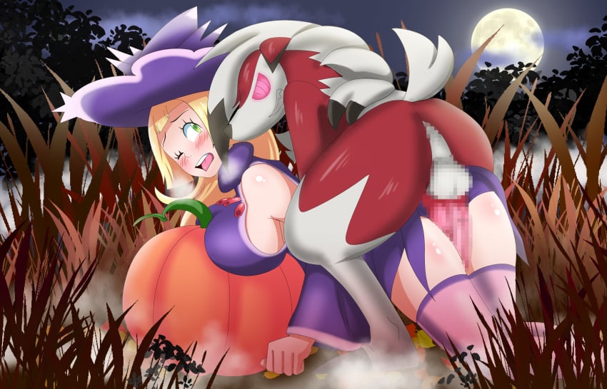 1boy 1girls 2021 animal_genitalia animal_penis anthro big_breasts blonde_hair blush breasts canine_penis censored censored_penis clothing cosplay duo female female_human female_penetrated femsub full_moon game_freak genitals glowing_eyes green_eyes hair halloween hi_res human human_penetrated imminent_rape interspecies legwear lillie_(pokemon) long_blonde_hair long_hair lycanroc male male/female male_midnight_lycanroc male_penetrating male_penetrating_female male_pokemon male_pokemon/female_human maledom mammal midnight_lycanroc mismagius mismagius_(cosplay) mosaic_censoring nintendo one_eye_closed outdoors penis pokémon_(species) pokemon pokemon_(cosplay) pokemon_(species) pokemon_sm pokephilia pumpkin red_eyes redradrebel shocked side_boob video_games