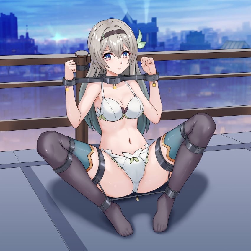 1girls blue_eyes bondage bound bra city city_background cityscape collar female female_only femsub firefly_(honkai:_star_rail) gradient_eyes haimei1980 hair hair_ribbon hairband helpless helpless_girl honkai:_star_rail legs_apart legs_held_open long_hair medium_breasts metal_collar multicolored_ears outdoors outside padlock panties pink_eyes restrained revealing_clothes rooftop silver_hair spreader_bar steel_bondage stockings submissive submissive_female thigh_cuffs thighhighs white_bra white_panties yoke yoke_(restraint)