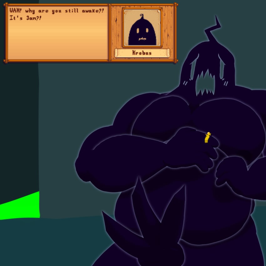 belly black_body blush defensive_stance genitals hi_res humanoid kahto_taph42 knot krobus_(stardew_valley) looking_surprised male moobs multi_genitalia multi_penis overweight penis ring sewer sewer_monster shadow_creature solo stardew_valley surprised_eyes surprised_face text text_box triphallia yelling