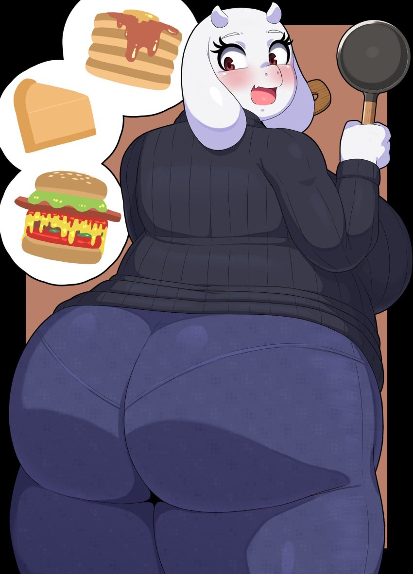 ass ass_focus bbw big_ass big_breasts big_sweater blush braffy breakfast burger butt_focus cake deltarune donut female female_only food frying_pan fully_clothed goat goat_girl happy holding_object huge_ass huge_breasts huge_butt imminent_sex jeans looking_at_viewer looking_back pac-man_eyes pancake panties_visible_through_clothing pants speech_bubble spoken_food sweater teasing teasing_viewer tight_jeans tight_pants toriel undertale