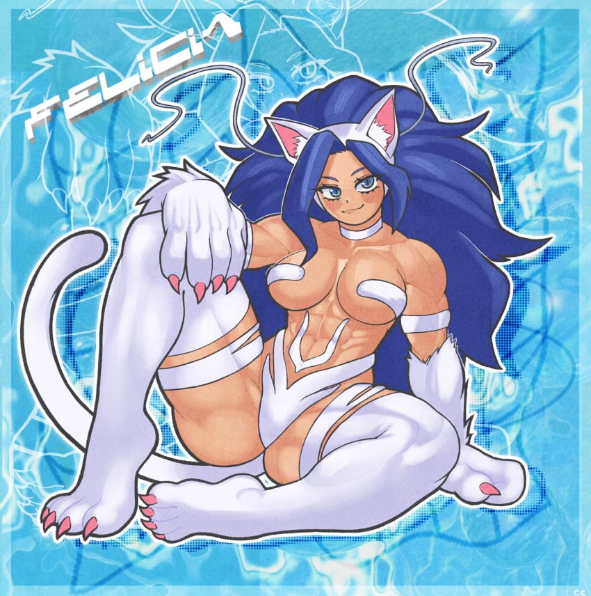 :3 abs big_ass big_breasts blush capcom cat_ears cat_girl cat_paws cat_tail catgirl champchidi claws color colored colored_nails darkstalkers defined_muscles fanart felicia_(darkstalkers) long_hair midriff muscles muscular muscular_female paws pink_nails pose posing sitting skimpy skimpy_clothes slit_pupils toned toned_female wrong_eye_color