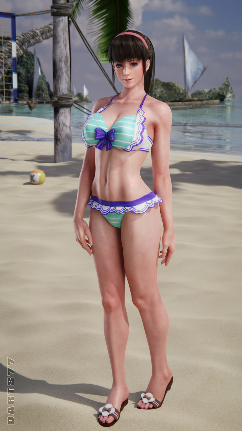 1girls 3d athletic athletic_female beach bikini blue_eyes brown_hair busty darts77 dead_or_alive dead_or_alive_xtreme_beach_volleyball female female_focus female_only hitomi_(doa) hourglass_figure human large_breasts light-skinned_female light_skin long_hair long_legs outdoors outside pinup pinup_pose pose sand sandals solo straight_hair swimsuit tagme thighs water wide_hips