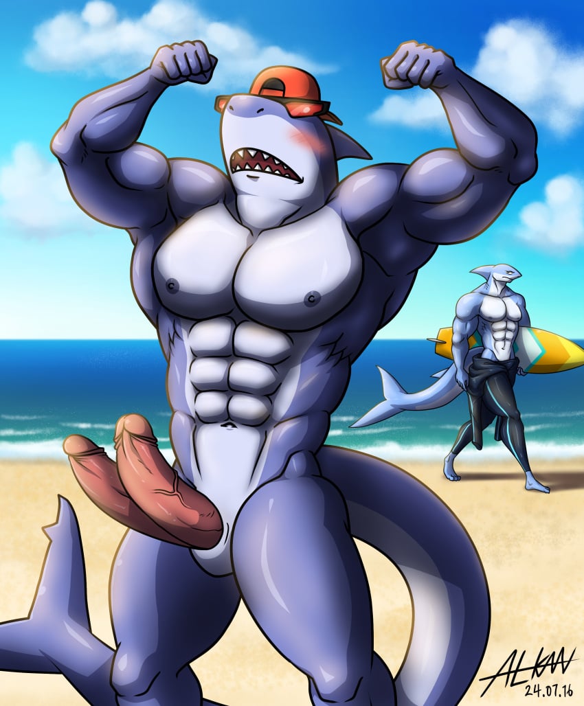 2_penises abs absurd_res alkan anthro beach big_pecs big_penis blue_body bottomwear clothed clothing diphallia diphallism duo epic_games erection eyewear fish flexing fortnite genitals hat headgear headwear hi_res male male/male male_only marine multi_genitalia multi_penis multicolored_body muscular muscular_anthro muscular_male navel nipples nude nude_anthro nude_male open_mouth pecs penis pink_penis safety_first_steve_(fortnite) shark sunglasses swimwear swimwear_only teron_(alkan) topless topless_anthro topless_male two_tone_body