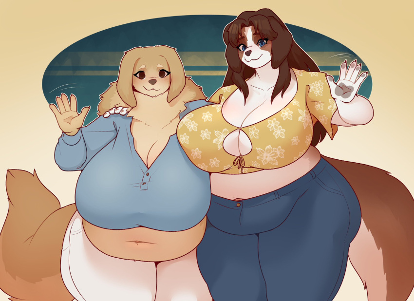 2girls big_breasts breasts canine cleavage dabble dabbledoodles female furry huge_breasts thick_thighs wide_hips