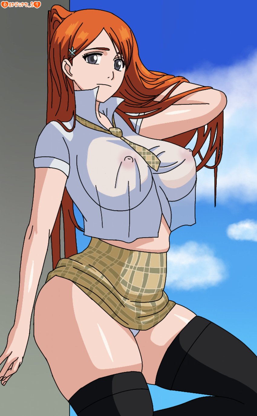 1girls ass big_breasts bleach darkuro_27 female inoue_orihime leaning nipples nipples_visible_through_clothing orange_hair panty_peek school_uniform see-through see-through_clothing skirt solo thick_thighs thigh_squish thighhighs voluptuous wet_clothes