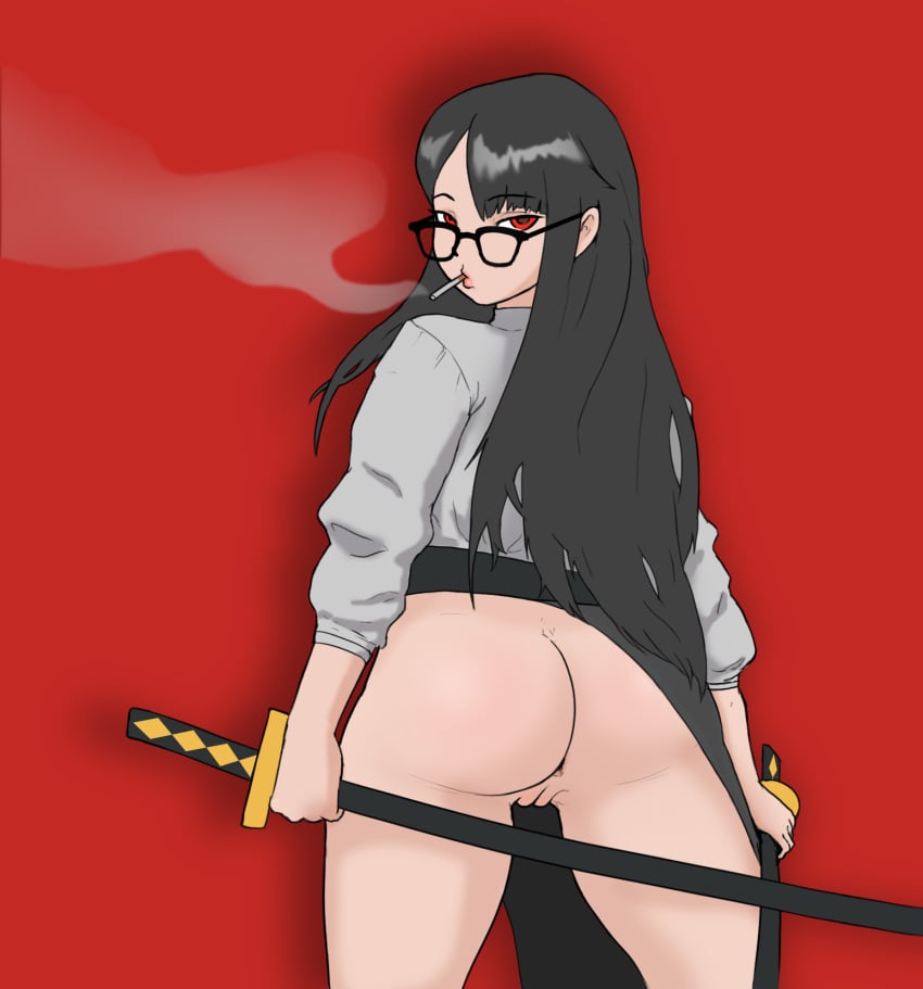 1girls anus ass back_view black_hair cigarette female glasses katana limbus_company long_hair looking_at_viewer looking_back nipplepiercin6 project_moon pussy red_eyes ryoshu_(limbus_company) smoking solo solo_female sword