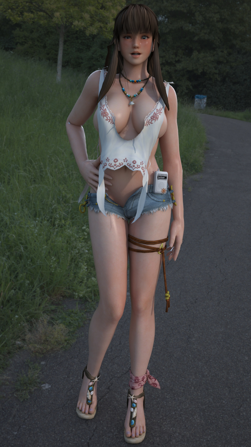 1girls 3d blue_eyes brown_hair busty dead_or_alive female female_focus female_only hitomi_(doa) hitomiluv3r hourglass_figure human large_breasts light-skinned_female light_skin long_hair long_legs makeup outdoors outside pinup pose skimpy skimpy_clothes solo straight_hair tagme thighs wide_hips