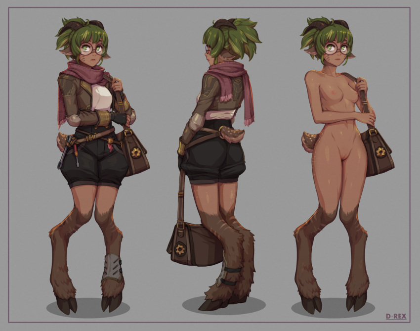 1girls animal_ears artist_name ass bag black_shorts breasts brown_bag brown_jacket clothing d-rex deer_ears deer_tail female glasses green_eyes green_hair grey_background holding holding_bag hooves horns jacket legs_together long_sleeves multiple_views nipples original pink_scarf pussy round_eyewear satyr scarf scut_tail shiny_skin short_hair short_tail shorts shoulder_bag simple_background small_breasts standing tail wide_hips