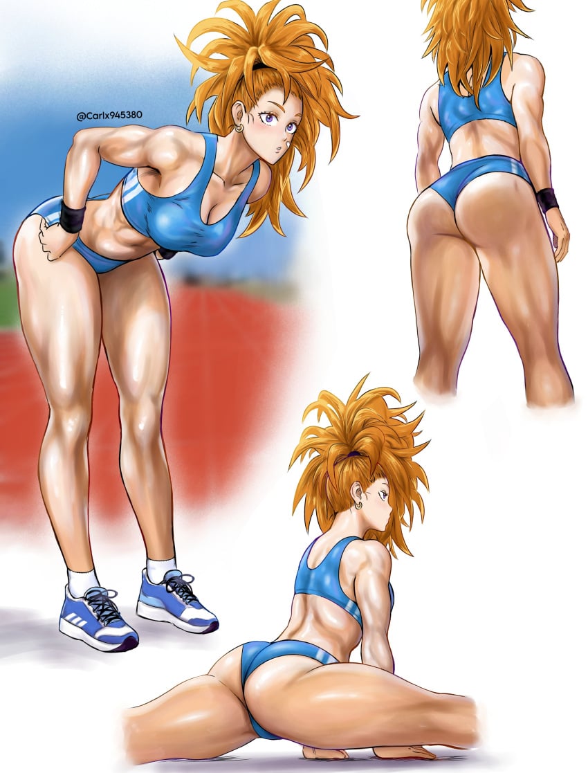 1girls absurd_res ass captain_mizuki carlx945380 colored hi_res one-punch_man orange_hair ponytail purple_eyes shorts simple_background splits sports_bra twitter_username