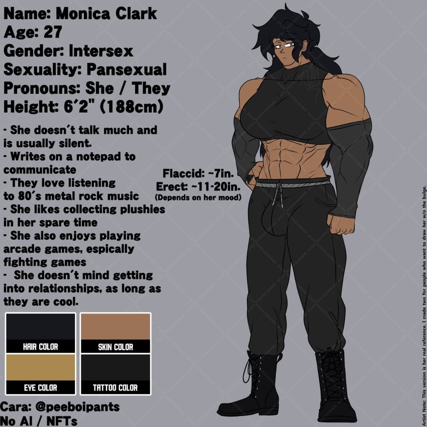 1futa abs breasts brown_hair brunette_hair buff bulge bulge_through_clothing clothed clothing dark-skinned_futanari dark_skin english_text futa_only futanari intersex monica_clark muscular muscular_futanari muscular_intersex oc original original_character reference_image text thespicyname