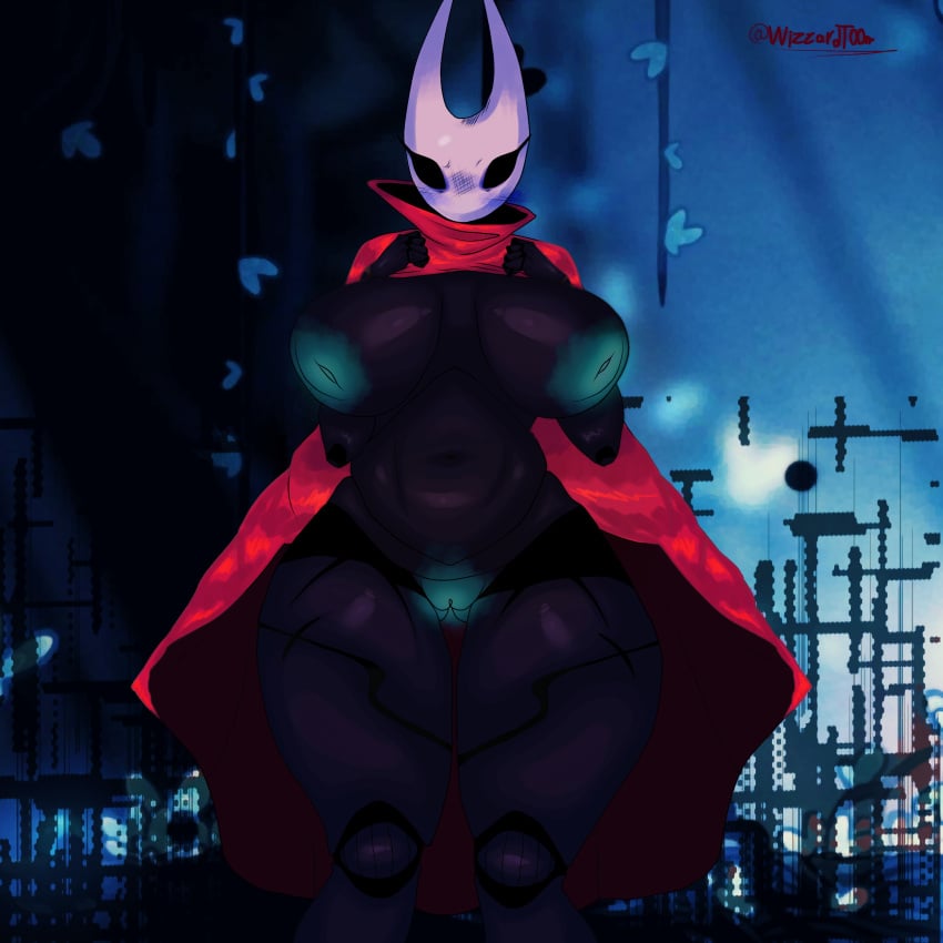 big_breasts big_butt black_body blue_nipples blue_pussy blush cartoonwizzard female_only gigantic_breasts hollow_knight hornet_(hollow_knight) huge_breasts insect_girl insect_humanoid nipples nipples_covered presenting_breasts pussy_juice red_cape wide_hips