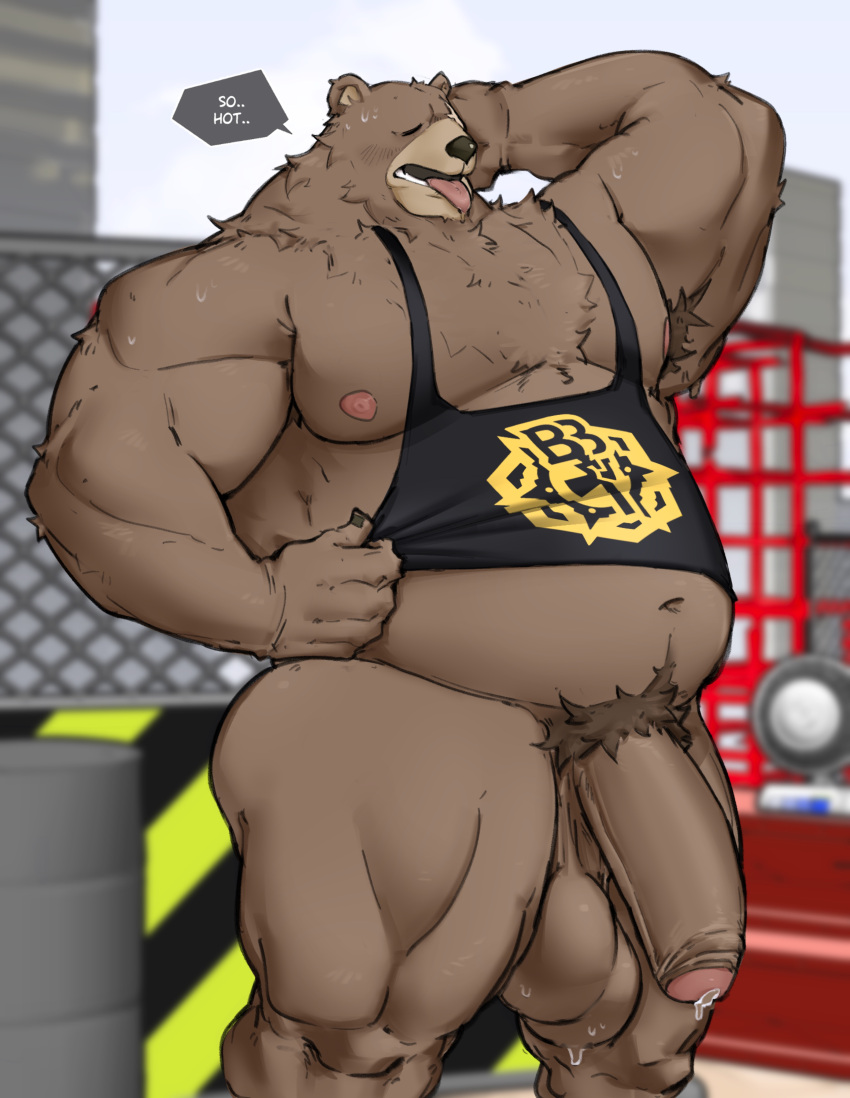 absurd_res anthro balls bear belly ben_bigger big_penis blush bodily_fluids bottomless brown_body brown_fur clothed clothing facial_scar flaccid foreskin fur genital_fluids genitals hi_res huge_cock male male_focus male_only mammal mihoyo missing_eye musclegut muscular navel nipples pecs penis phosbara precum scar shirt solo solo_male tank_top topwear zenless_zone_zero