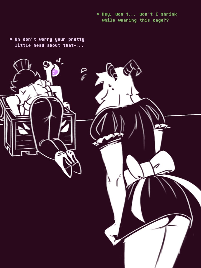 alternate_universe anthro arachnid arthropod asriel_dreemurr ass blush bodily_fluids boss boss_monster_(undertale) clothed clothing comic dracozhilla duo embarrassed female femboy hi_res high_heels humanoid larger_male maid_uniform male male/female muffet muffet_(underswap) panties penis_shrinking potion potion_bottle size_difference smaller_female spider sweat text treasure_chest underswap undertale undertale_(series) underwear uniform upskirt