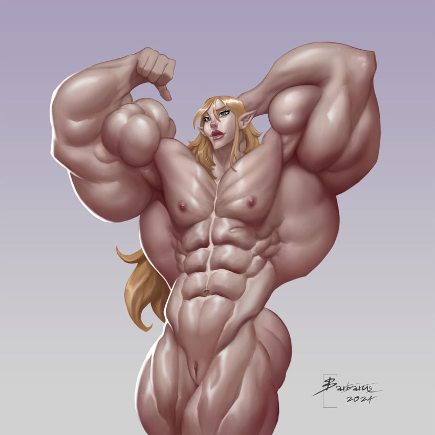 1girls abs androgynous barbaruss blonde_hair blue_eyes elf female flat_chest hyper_muscles lips long_hair manly muscular_female original pecs pectorals pointy_ears pussy simple_background solo solo_female thick_lips