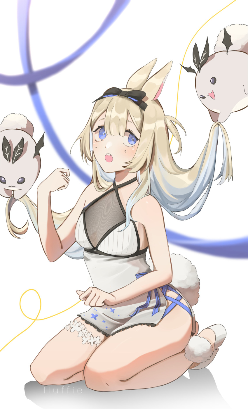 1girl animal_ears bangs bare_arms bare_shoulders black_bow blonde_hair blue_eyes blurry blush bow breasts bunny_ears bunny_girl choker depth_of_field dress eyebrows_visible_through_hair female hair_between_eyes hair_bow hairband long_hair looking_at_viewer open_mouth short_dress sitting sleeveless sleeveless_dress small_breasts solo striped virtual_youtuber vyugen white_dress yenko