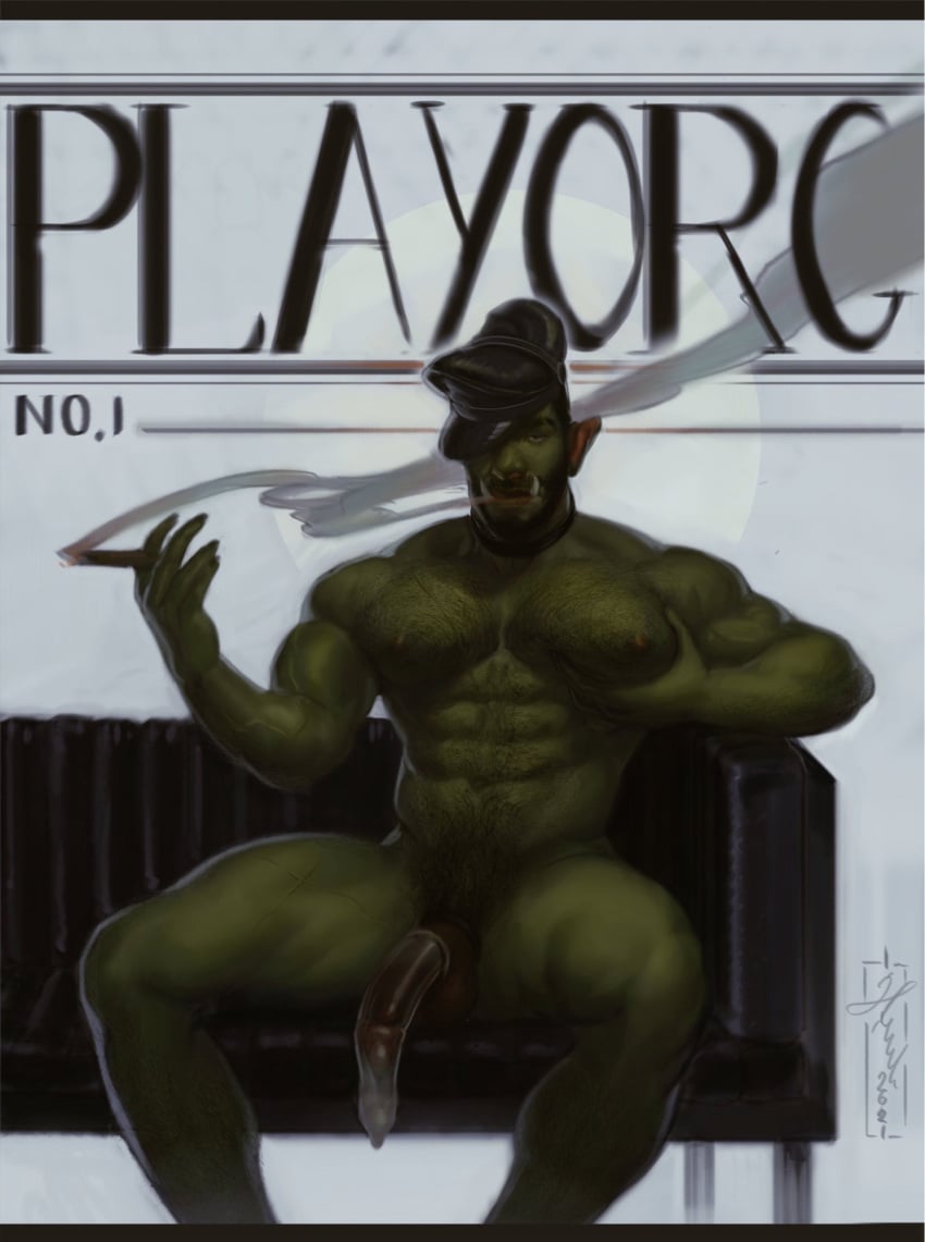 1boy abs bara beard colored_skin condom condom_on_penis couch facial_hair feet_out_of_frame full_beard grabbing_own_pectoral green_skin hairy half-erect hat highres large_pectorals looking_at_viewer male_focus male_only male_pubic_hair mature_male monster_boy muscular muscular_male navel navel_hair nipples on_couch orc original peaked_cap pectorals penis pointy_ears pubic_hair sandalphon_(kyoulang) smoking solo stomach thick_eyebrows thick_thighs thighs tusks