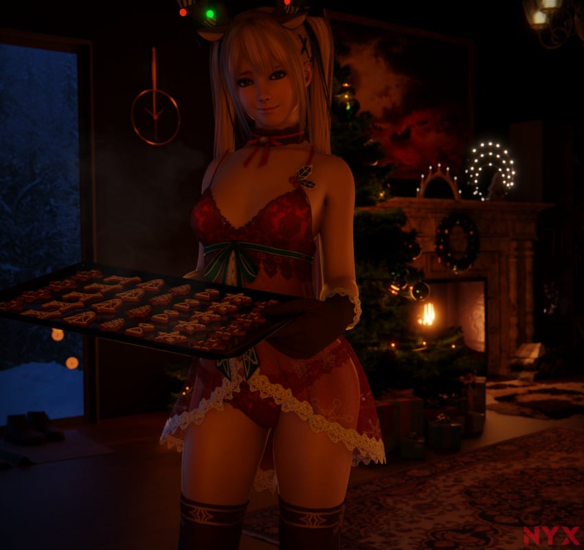 3d animal_ears antlers baking_tray blender blonde_hair blue_eyes breasts choker christmas christmas_headwear christmas_lights christmas_outfit christmas_presents christmas_tree clothed clothing cookie dead_or_alive fire fireplace hair_ornament hair_ribbon headgear legwear lingerie long_hair marie_rose nightgown nyxworks oven_mitts panties presents red_panties see-through see-through_clothing small_breasts stockings thighhighs twintails wreath