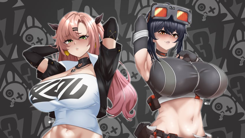 2girls alternate_version_available armpits arms_behind_head armwear big_breasts black_hair breast_focus breasts choker cleavage crop_top female female_only gloves goggles goggles_on_head grace_howard green_eyes grey_gloves hair hair_ornament hairclip hands_behind_head headwear huge_breasts large_breasts leux_21 long_hair mechanic mole mole_on_breast mole_under_eye multiple_girls necklace neckwear nicole_demara orange_eyes pink_hair ribbon short_hair topwear twintails upper_body zenless_zone_zero