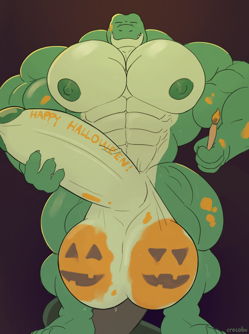 abs anthro_only biceps body_paint bodybuilder crocobu furry furry_only grabbing_penis halloween halloween_2021 holding_penis hyper hyper_balls hyper_genitalia hyper_muscles hyper_penis hyper_testicles legs_spread looking_at_viewer male male_focus male_only muscle muscles muscular muscular_anthro muscular_arms muscular_ass muscular_back muscular_legs muscular_male muscular_thighs nipples paint pecs pumpkin_balls touching_penis veins veiny_penis