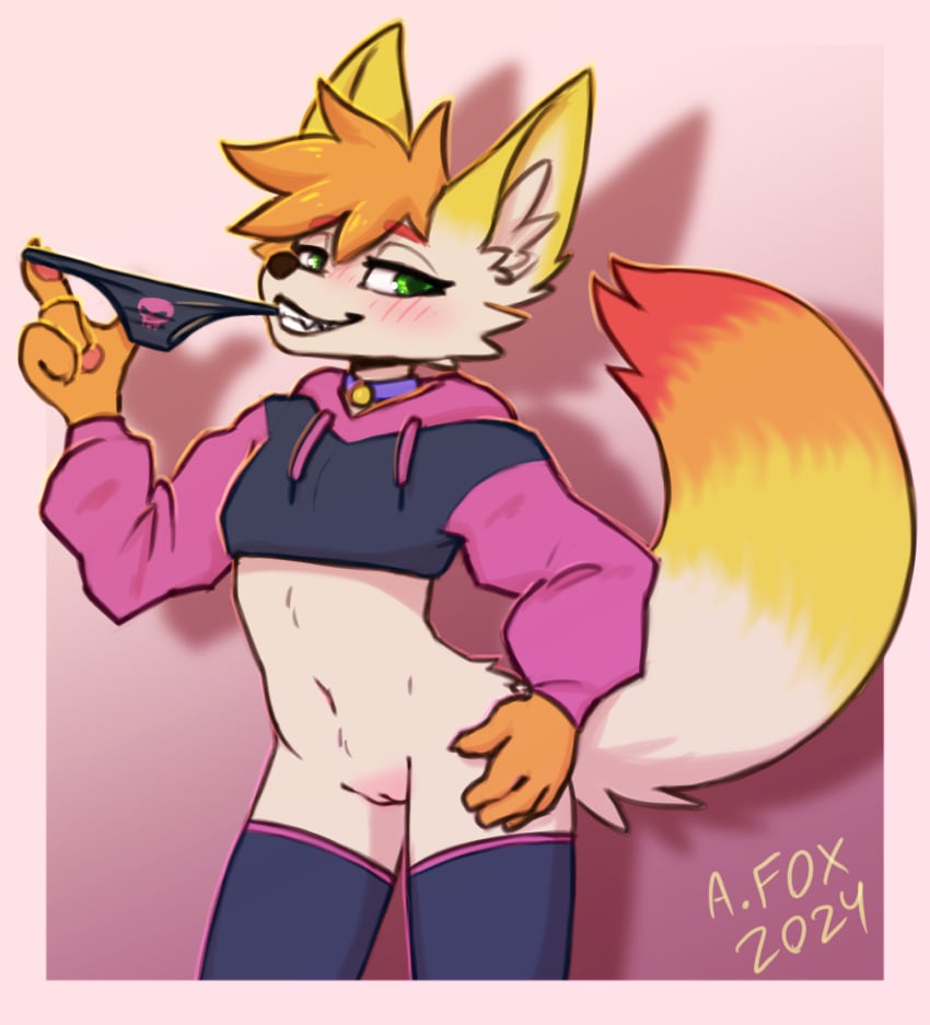 1cuntboy albafox andromorph anthro canid canine clothing cropped_hoodie cub female_anthro female_cub flat_chest flat_chested fox genitals hi_res hoodie intersex leg_warmers legwear looking_at_viewer mammal meme mr.albafox multicolored_fur multicolored_tail paggi_outfit panties pussy small_breasts solo topwear underwear white_body young young_anthro young_female young_girl young_woman