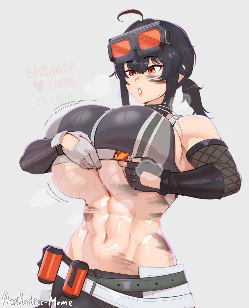 1female 1girls abs aestheticc-meme artist_name big_breasts black_hair breasts clothed clothed_female clothing female fingerless_gloves fit fit_female gloves goggles goggles_on_head grace_howard grease grease_stains light-skinned_female light_skin midriff ponytail shirt shirt_lift solo solo_female sports_bra steam sweat sweaty sweaty_breasts underboob zenless_zone_zero