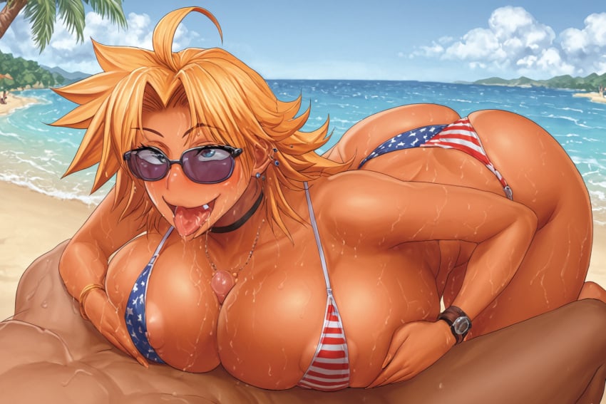 1girls ai_generated american_flag_bikini beach bikini blonde_hair blue_eyes dark-skinned_female energy_kyouka!! female gyaru huge_breasts human paizuri palm_tree penis shiraishi_kyouka sunglasses tinted_eyewear titjob tongue water