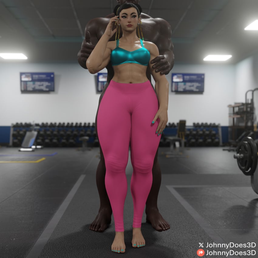 1boy 1girls 3d big_ass big_breasts big_butt big_muscles big_penis big_thighs black_body black_male black_penis blue_nails chun-li dark-skinned_male dark_skin feet foot_fetish gym gym_clothes gym_clothing gym_uniform interracial johnnydoes3d leggings looking_at_partner nails penis pink_panties posing posing_for_picture posing_for_the_viewer posing_with_dick smile smiley_face street_fighter street_fighter_6 thick_ass thick_legs thick_penis thick_thighs thumbs_up topwear training white_skin yoga_pants