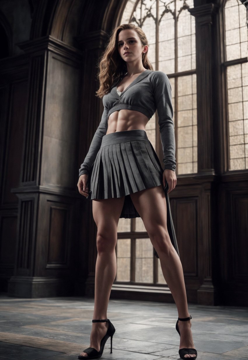 abs ai_generated emma_watson fit fit_female harry_potter hermione_granger high_heels hogwarts hogwarts_school_uniform hogwarts_student muscular muscular_female muscular_legs muscular_thighs skirt stable_diffusion thighs