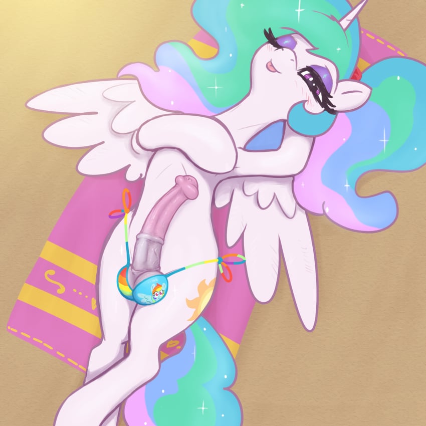 absurd_res alicorn equid equine friendship_is_magic futanari genitals hair hasbro hi_res horn horse mammal multicolored_hair my_little_pony mythological_creature mythological_equine mythology one_eye_closed penis pony princess_celestia_(mlp) solo t72b tongue tongue_out white_body wings