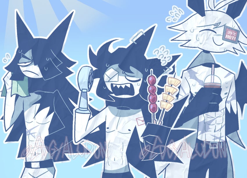 3boys bat bat_ears bat_wings black_markings cute_male eye_patch fan fundamental_paper_education fundamental_paper_education_oc half_naked horns long_hair long_hair_male milkshake muscular muscular_male scars shirtless summer sweating symbol watermark white_hair