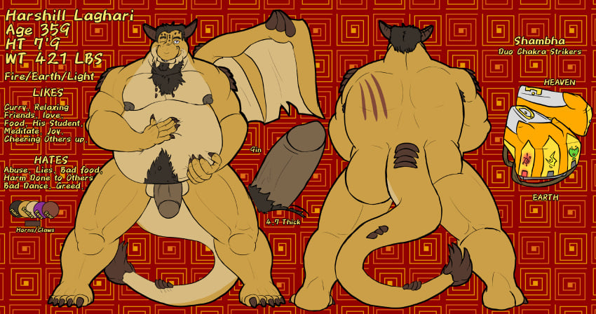 256:135 4k absurd_res anthro balls beard belly big_belly dragon english_text facial_hair genitals harshill_laghari hi_res joeycwolf_(artist) male model_sheet nipples penis scar smile solo story story_in_description text