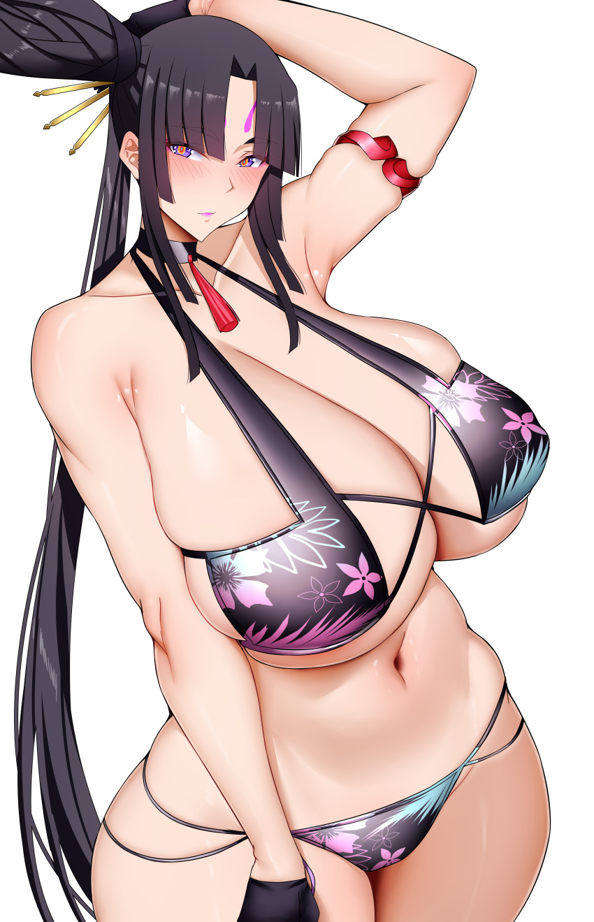 1girls arind_yudha big_breasts bikini black_hair blush breasts busty cleavage eyepatch_bikini fate/grand_order fate_(series) female gloves hi_res huge_breasts light-skinned_female light_skin long_hair looking_at_viewer multicolored_eyes navel solo taira_no_kagekiyo_(fate) thick_thighs tied_hair