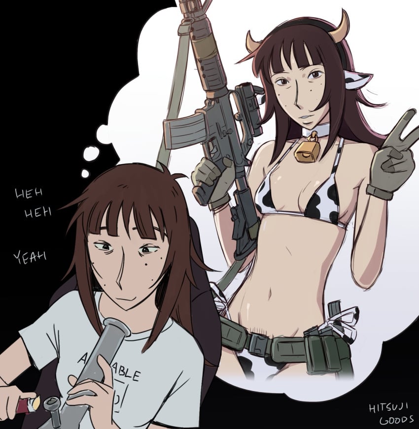 1girls bikini bong brown_hair cow_ears cow_horns cow_print cowbell fantasizing female female_only gun hitsujigoods holding_gun holding_object holding_weapon kara_eklund_(hitsujigoods) long_hair looking_at_viewer marijuana navel pubic_hair skimpy small_breasts smile smoking smug solo thinking thought_bubble v weapon