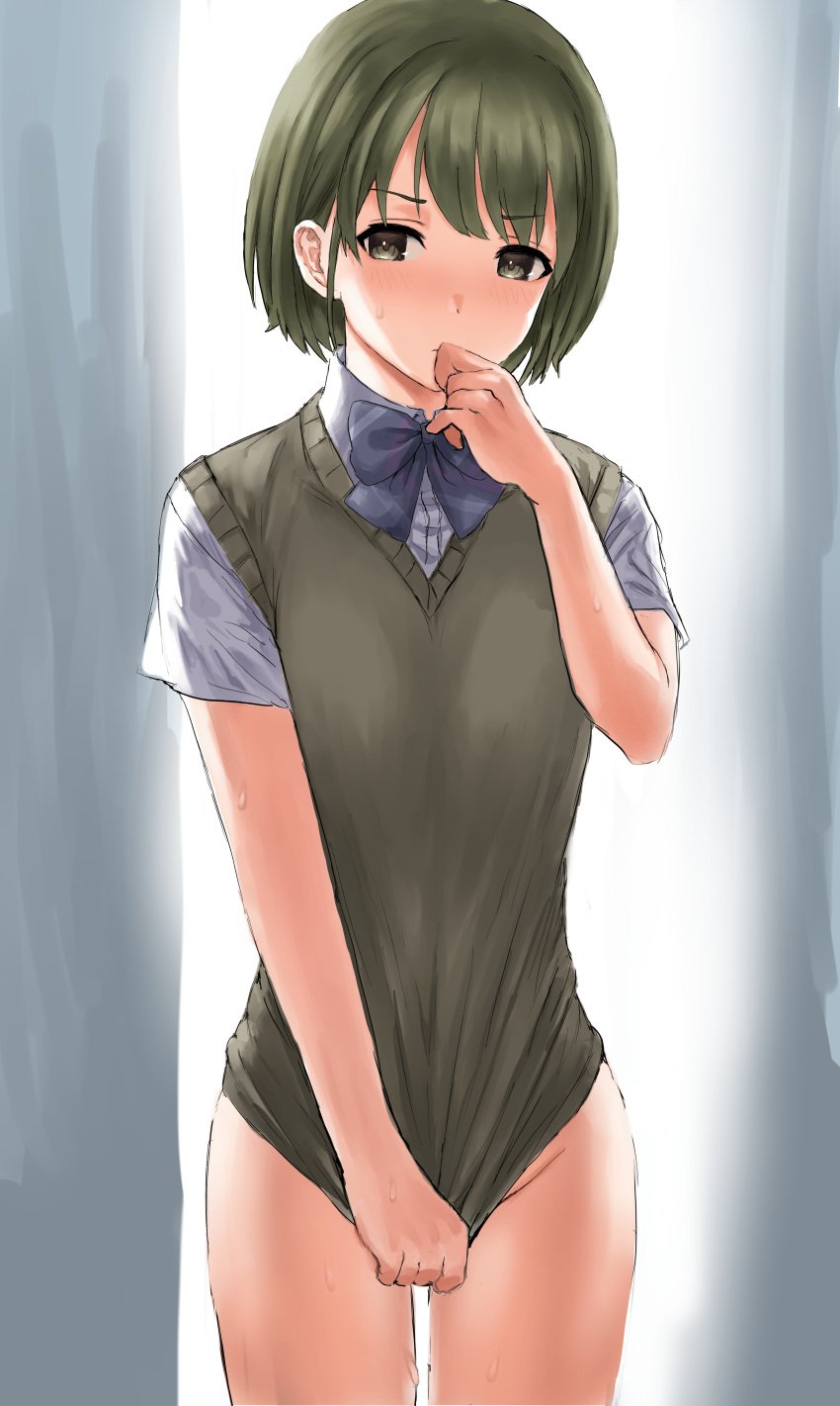 1girls absurdres blush bob_cut bottomless bow bowtie brown_sweater_vest clothes_tug commentary covering_crotch covering_privates cowboy_shot dress_shirt embarrassed green_eyes green_hair grey_background grey_bow grey_bowtie groin hand_to_own_mouth highres idolmaster idolmaster_shiny_colors kakeru_(fujiwara_kakeru) looking_at_viewer nanakusa_nichika school_uniform shirt short_hair short_sleeves solo standing sweat sweatdrop sweater sweater_tug sweater_vest thigh_gap white_background white_shirt