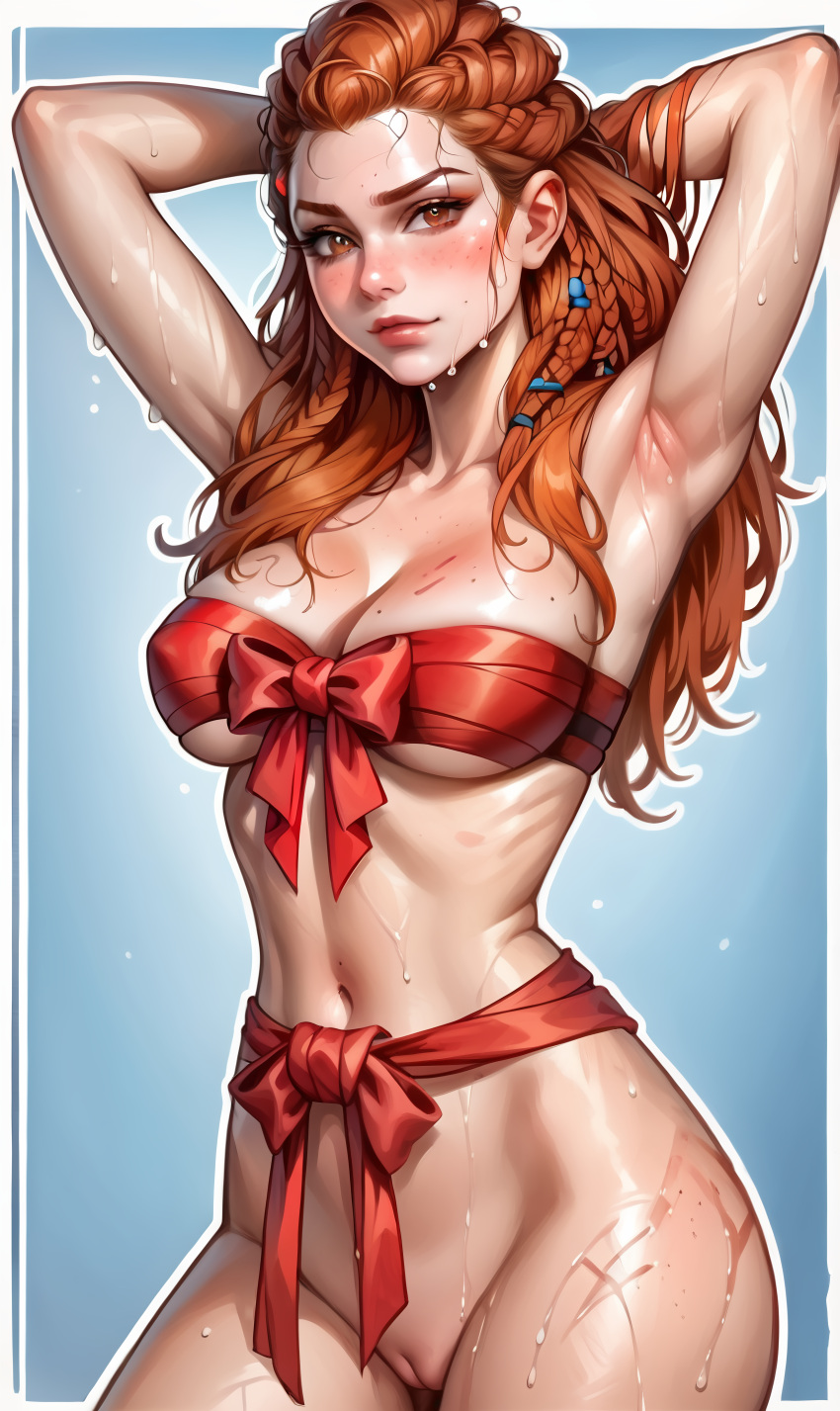 2d 2d_(artwork) 2d_artwork ai_generated aloy armpits big_breasts big_breasts braided_hair comfyui covered_areola covered_areolae covered_nipples female female_only female_protagonist guerrilla_games hands_behind_head hands_behind_own_head horizon_forbidden_west horizon_zero_dawn innie_pussy long_hair long_hair_female playstation playstation_4 playstation_5 posing posing_for_picture posing_for_the_viewer red_hair red_hair red_hair_female red_ribbon red_ribbons ribbon ribbon_around_waist ribbon_between_breasts ribbon_bow ribbon_bra ribbons shaved_armpit shaved_armpits shaved_crotch shaved_pussy stable_diffusion sweaty_body sweaty_skin thighs tied_breasts tied_knot video_game video_game_character video_game_franchise video_games voluptuous voluptuous_female vulva_line wet wet_body wet_skin wrapped_breasts wrapped_up