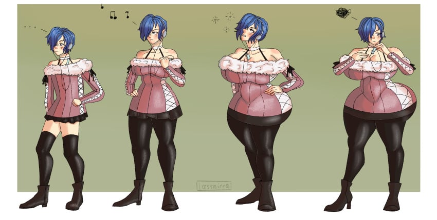 1boy artist_name ass_expansion atlus blue_hair boots breast_expansion female femboy gender_transformation giant_breasts hair_over_one_eye headphones high_heel_boots high_heels huge_ass huge_breasts huge_thighs hyper_hips lassnirra makoto_yuki megami_tensei mtf_transformation persona persona_3 plump_thighs sega solo thick_thighs thigh_expansion thighhighs transformation transformation_sequence wide_hips yukari_takeba__(cosplay)