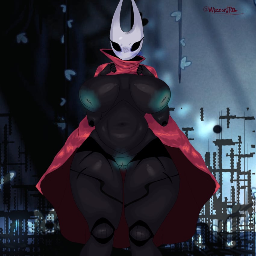 big_breasts big_butt black_body blue_nipples blue_pussy blush cartoonwizzard chubby chubby_female female_only gigantic_breasts hollow_knight hornet_(hollow_knight) huge_breasts insect_girl insect_humanoid nipples_covered presenting_breasts pussy_juice red_cape wide_hips