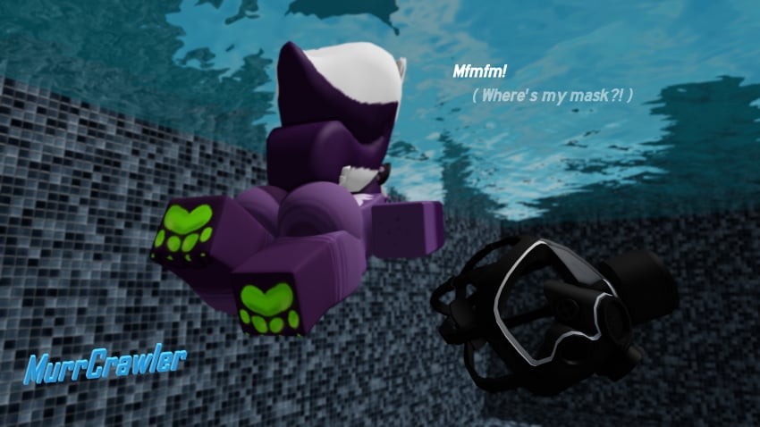 3d 3d_(artwork) big_butt character dominant_male fat_ass gas_mask gay kaiju_paradise male murrcrawler muscular muscular_male pool roblox robloxian skunk speech spunky_(kaiju_paradise) swimming swimming_pool text thick_ass thick_thighs twitter_username underwater underwater_view