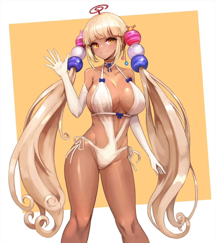 1girls 2021 bangs bare_legs bare_shoulders beads blue_ribbon blunt_bangs breasts casual_one-piece_swimsuit choker cleavage closed_mouth collarbone dark-skinned_female dark_skin elbow_gloves feet_out_of_frame female female_focus female_only gloves hair_beads hair_ornament hand_up highres hololive hololive_english hololive_english_-council- large_breasts limiter_(tsukumo_sana) long_hair looking_at_viewer notte_(artist) one-piece_swimsuit orange_eyes ribbon ribbon-trimmed_choker sidelocks smile solo solo_female standing swimsuit tsukumo_sana twintails two-tone_background very_long_hair virtual_youtuber waving white_choker white_gloves white_swimsuit yellow_background