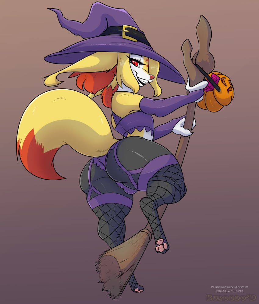 absurd_res anthro armwear artz ass basket big_butt braixen broom canid canine cleaning_tool clothed clothing condom container crossdressing dipstick_tail femboy fishnet fluffy fluffy_tail food fox fruit fur furry furry_only genitals girly grey_background hat headgear headwear hi_res inner_ear_fluff knot kuroodod kuroodod_(fursona) lingerie looking_at_viewer looking_back male male_only mammal markings nintendo panties pawpads paws penis pink_pawpads plant pokémon_(species) pokemon pokemon_(species) pumpkin purple_clothing rear_view red_body red_fur red_nose sexual_barrier_device simple_background smile solo staff tail tail_markings teeth tuft underwear video_games white_body white_fur witch_costume witch_hat yellow_body yellow_fur