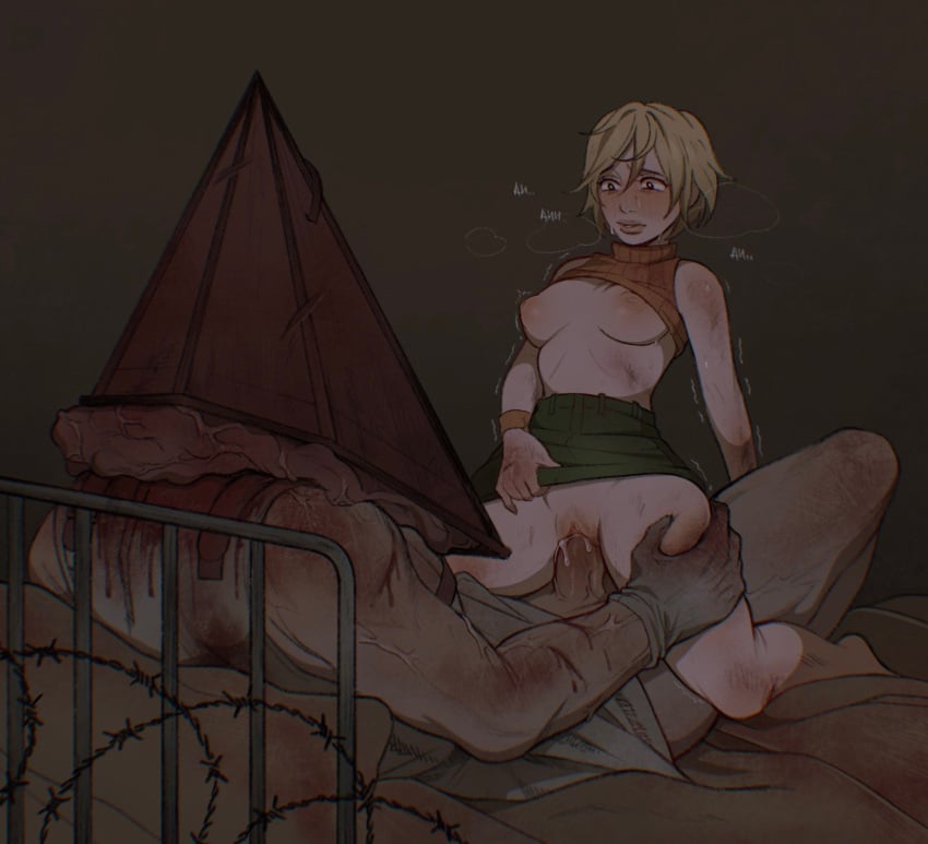 1boy 1girls areolae barbed_wire bed blonde blonde_hair bloody_clothes cowgirl_position diagnestichesk1 female female_human female_penetrated femsub heather_mason human male male_penetrating male_penetrating_female maledom medium_breasts monster pale_skin penetration pyramid pyramid_head shirt_up short_hair silent_hill silent_hill_2 silent_hill_3 skirt_lift straight tagme vaginal vaginal_penetration veiny_arms wristwear