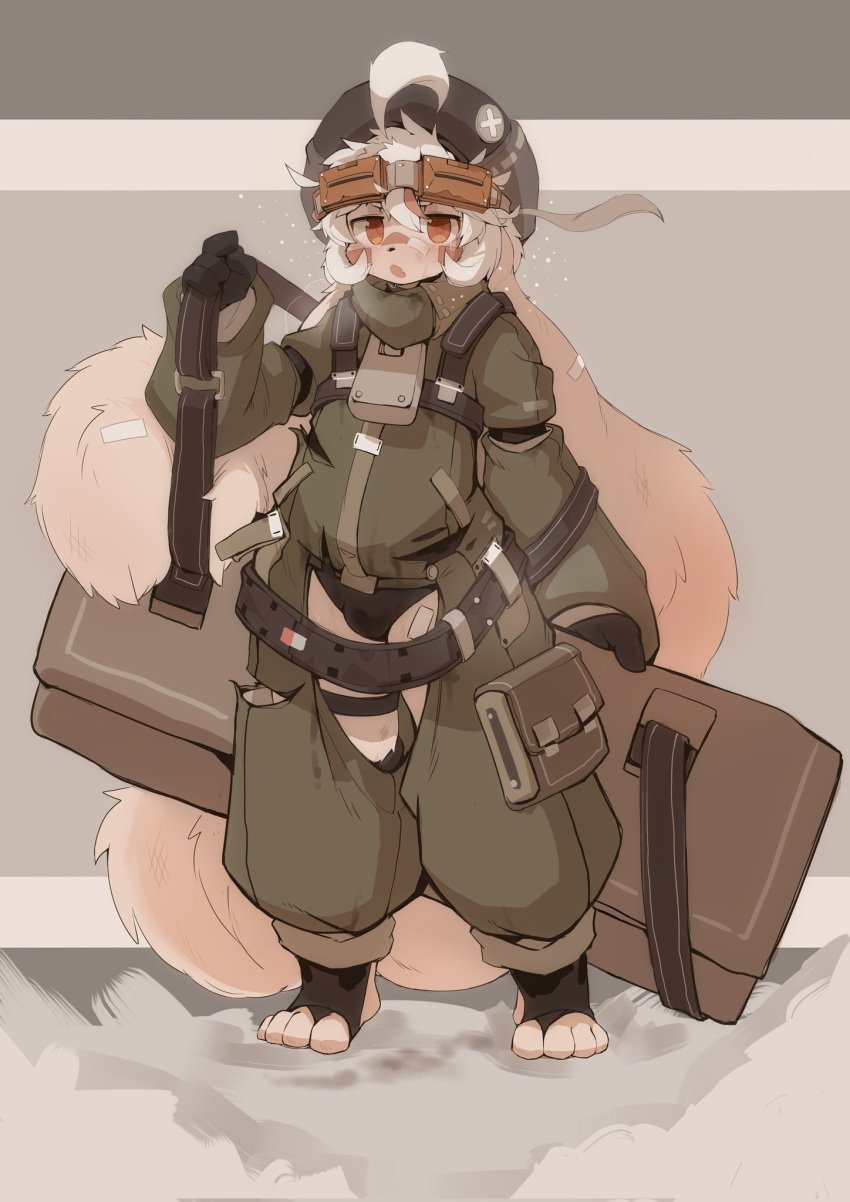 anthro band-aid bandage briefs bulge clothed clothing eyewear facial_markings floppy_ears hair hat head_markings headgear headwear hi_res huge_ears koko_comet lagomorph long_ears lop_ears male mammal markings military_cap military_uniform open_crotch simple_background solo stain stained_clothing straps underwear uniform white_hair