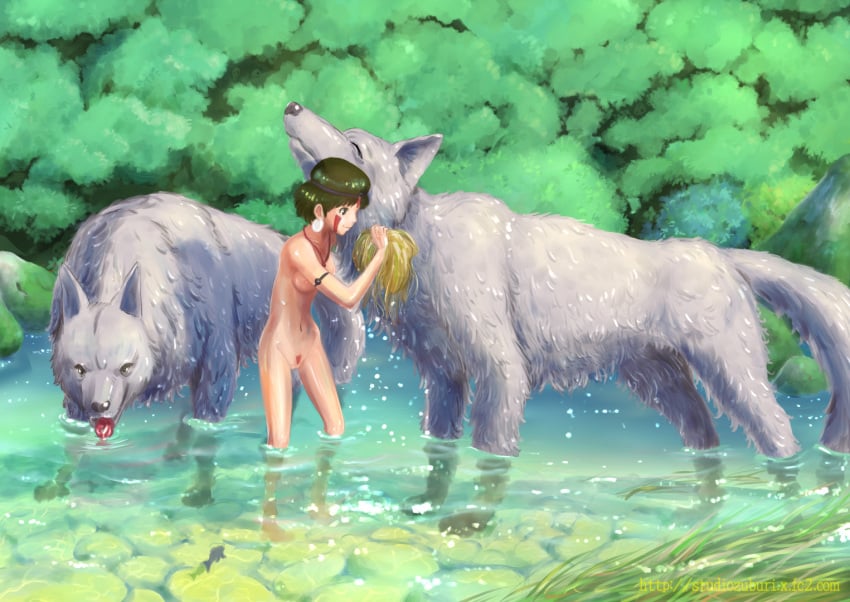 1girls 2016 bathing bathing_outside bathing_together beautiful_background breasts brown_hair canid canine canis casual casual_nudity closed_eyes detailed_background female female_focus female_human female_pubic_hair feral fur genitals grey_body grey_fur group human light-skinned_female light_skin mammal markings nature_background navel nipples nonsexual nonsexual_nudity nude nude_female outside pale_skin partially_submerged pink_nipples princess_momonoke pubic_hair pubic_tuft pussy quadruped red_markings san sensual short_hair studio_ghibli studio_zuburi text url wet wolf wolf_pack wolves