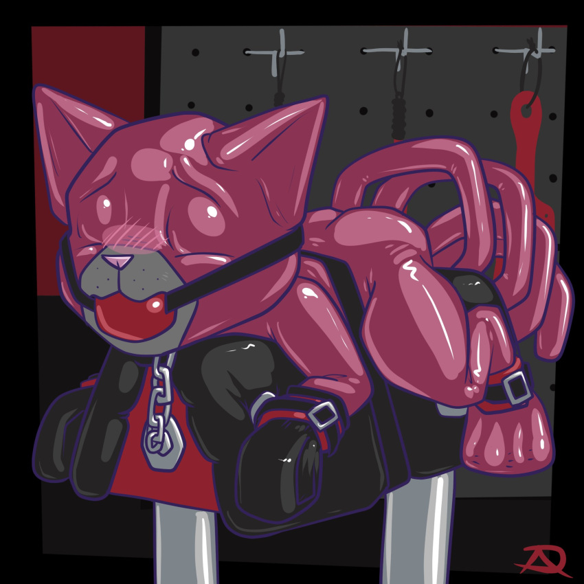 1:1 2021 ambiguous_gender anthro ball_gag blush bodysuit bondage bondage bound chains clothed clothing digital_drawing_(artwork) digital_media_(artwork) domestic_cat felid feline felis gag gagged glistening hi_res male mammal paddle pink_nose radasus rubber skinsuit solo spiral_tail sylvester_merrimen tight_clothing