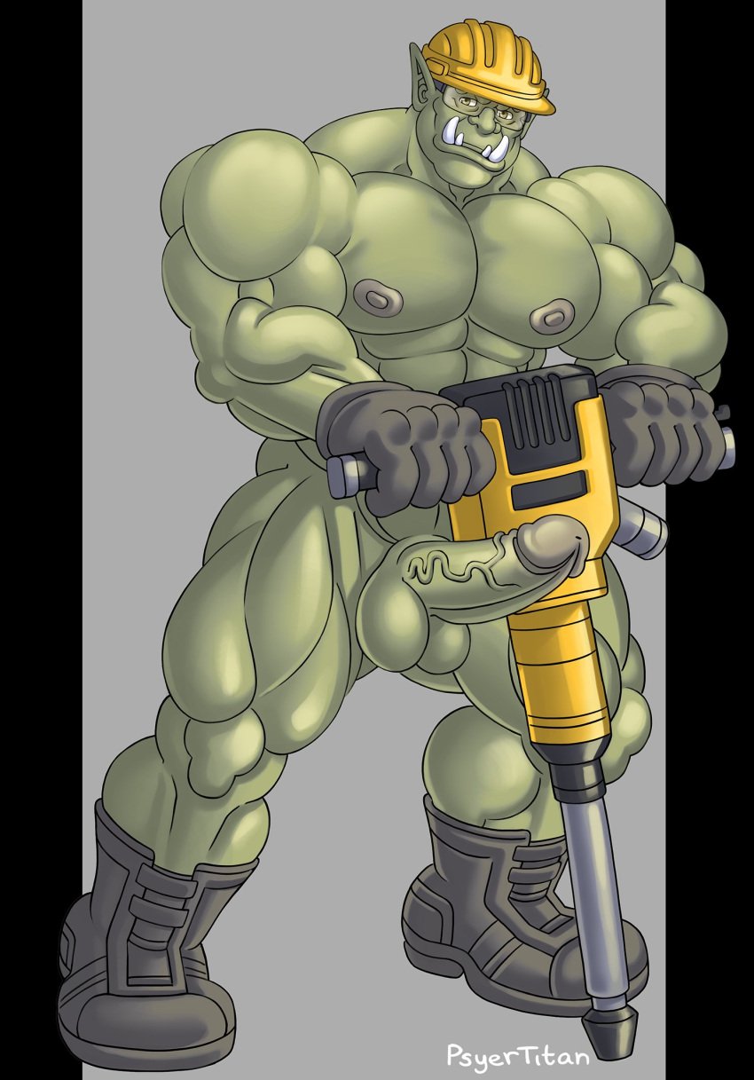 2021 abs armor artist_name balls barazoku biceps big_muscles big_penis black_border boots border clothing erection eyewear footwear genitals gloves goggles green_body green_skin grey_background handwear hard_hat headgear helmet hi_res holding_object huge_muscles humanoid humanoid_genitalia humanoid_penis humanoid_pointy_ears jackhammer looking_at_viewer male male_only muscular muscular_humanoid muscular_male nipples not_furry nude orc pecs penis power_tool psyertitan quads simple_background solo standing tools tusks vein veiny_penis