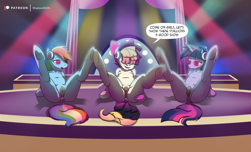 2017 3girls absurd_res blue_fur color commission digital_media_(artwork) english_text exhibitionism hypnosis hypnotic_music mind_control multicolored_hair multiple_girls my_little_pony my_little_pony_the_movie pink_eyes purple_fur rainbow_dash_(mlp) shadow2007x songbird_serenade_(mlp) spiral_eyes spread_ass spread_legs straight_hair tongue_out twilight_sparkle_(mlp) uncensored yellow_fur