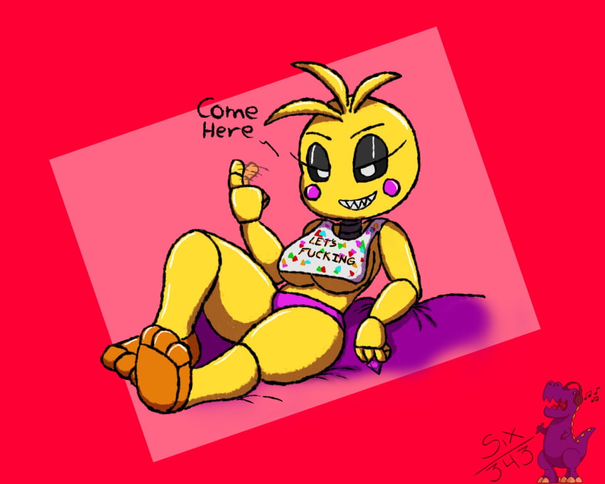 1girls animatronic animatronic_female female five_nights_at_freddy's five_nights_at_freddy's_2 furry inviting simple_background six343 solo text toy_chica_(fnaf)